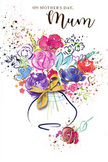 The Mother's Day card illustration reveals a joyous, watercolour bouquet that seems to breathe with movement, as if freshly arranged by a creative Earlsfield florist and captured at its brightest moment. Lush blooms in vivid magenta, cerise, and rose pink dominate the centre, their open petals edged with purposeful indigo strokes that lend structure and depth. Nestled between them, pools of soft blue, lavender, and gentle apricot melt into one another, evoking smaller blossoms and buds that round out the arrangement much like a mixed seasonal bouquet delivered to homes near Wandsworth Common. Delicate threads and dots of gold highlight the contours of petals and leaves, catching the eye with a subtle glimmer reminiscent of late afternoon light streaming into a front room on a quiet Earlsfield street. Around the main cluster of flowers, airy splashes of colour and scattered heart shapes float on the clean white background, giving the impression of petals tossed into the air in celebration. The bouquet rises from a rounded, understated vase painted in light, translucent washes, gathered neatly at the neck by a slim golden bow that calls to mind silky ribbon being tied with care. Though painted in a loose, almost spontaneous style, the design reveals the practiced touch of someone who understands how colours harmonise and how a bouquet should feel balanced and uplifting. This card captures the essence of Mother's Day in Earlsfield: a heartfelt, artful gesture of love and gratitude, expressed through flowers that bloom forever on paper.